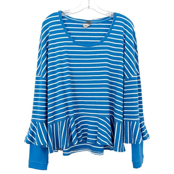 We The Free Blue White Striped Peplum Ruffle Thermal Sz M - Picture 1 of 5